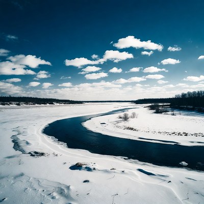 Frozen River in Snowy Landscape