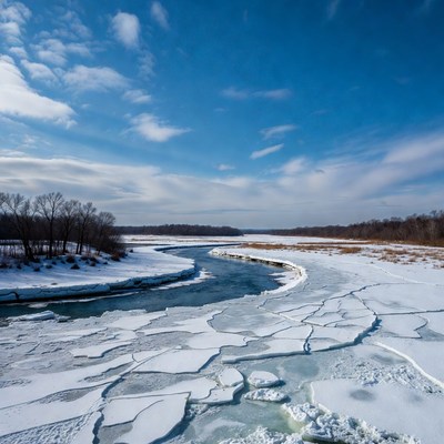 Icy River Winding Through Snowy Landscape