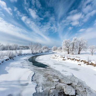 Winding icy river in snowy landscape