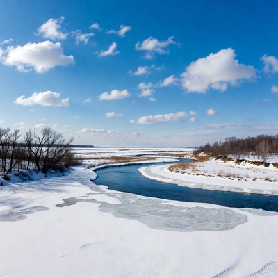 Winding River in Snowy Landscape