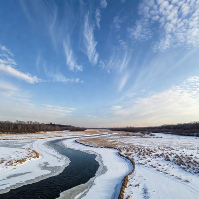 Winding Frozen River in Snowy Landscape