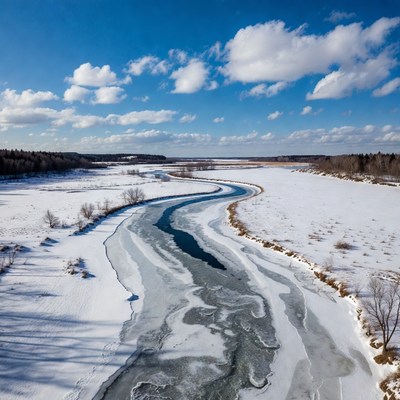 Frozen River in Snowy Landscape