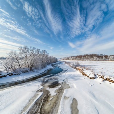 Frozen River in Snowy Landscape