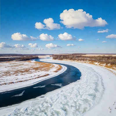 Frozen River Winding Through Snowy Fields
