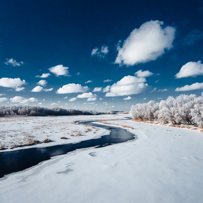 Frozen River in Snowy Landscape