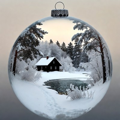 Snowy Cabin Inside Christmas Ornament