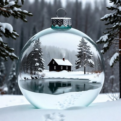Snowy Cabin Inside Glass Christmas Ornament