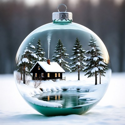 Snowy Winter Cabin in Glass Christmas Ornament