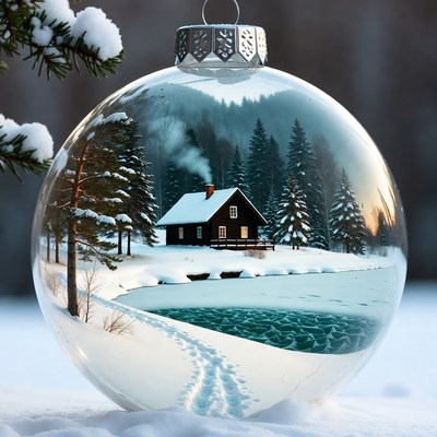 Christmas ornament with snowy cabin landscape