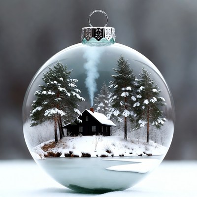 Snowy Cabin in Glass Christmas Ornament