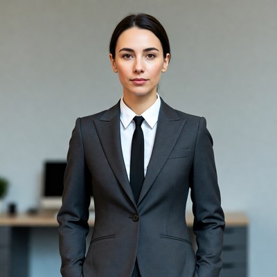 Woman in gray suit standing confidently