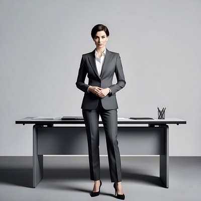 Woman in gray suit at desk