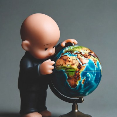 Baby in suit holding globe