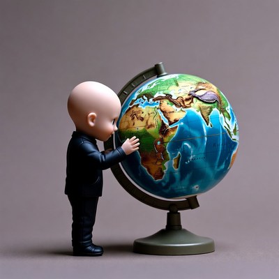 Bald baby boy touching globe
