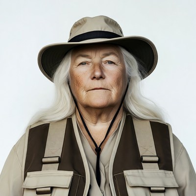 Elderly woman in safari vest and hat