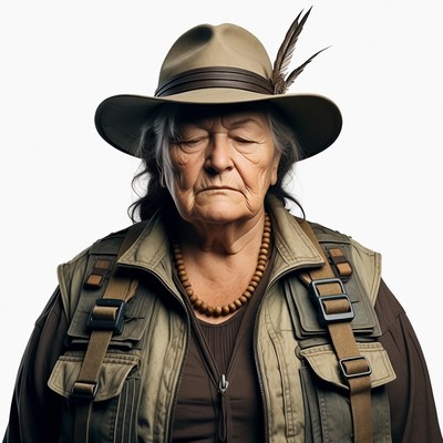 Elderly woman in safari hat and vest