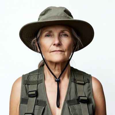 Woman wearing green hat and vest