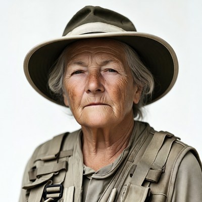 Elderly woman in safari hat vest