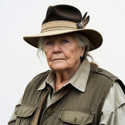 Elderly woman in safari hat and vest