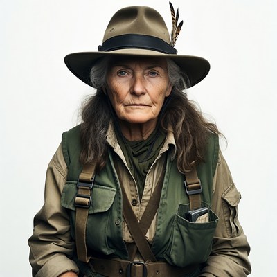 Elderly woman in safari hat and vest