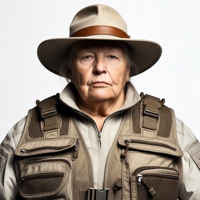 Elderly woman in safari vest and hat
