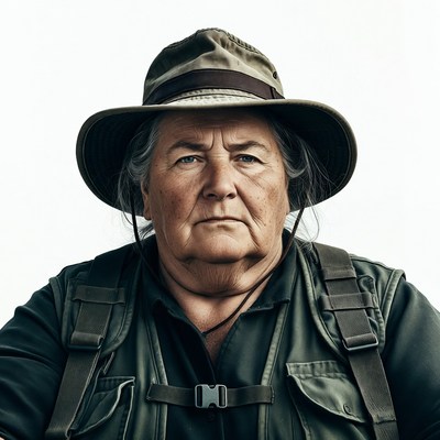 Elderly woman in safari hat and vest