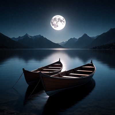 Two Wooden Rowboats on Moonlit Lake