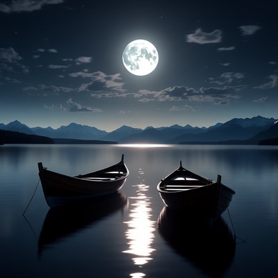 Two Wooden Boats on Moonlit Lake
