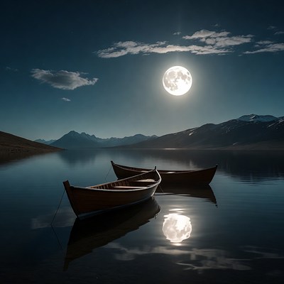 Wooden boats on moonlit mountain lake