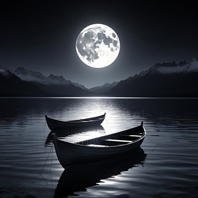 Two boats on moonlit lake