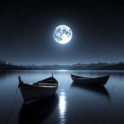 Two boats on lake under full moon