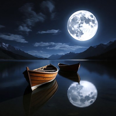 Rowboats on lake under full moon