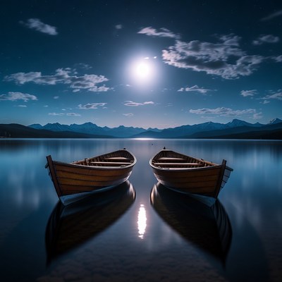 Two Wooden Rowboats on Moonlit Lake
