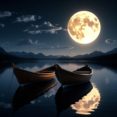 Two Wooden Boats on Moonlit Lake