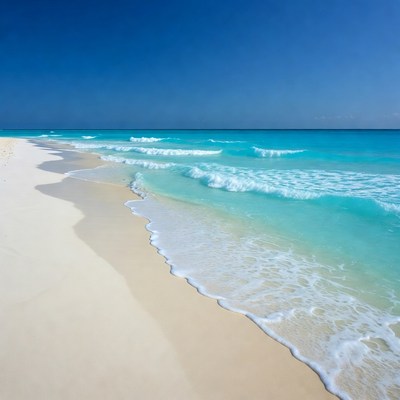 Turquoise waves crashing on white sand beach