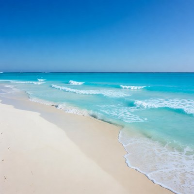 Turquoise waves crashing on white sand beach