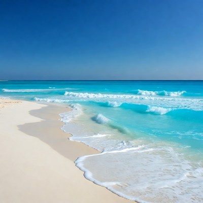 Turquoise waves crashing on white sand beach