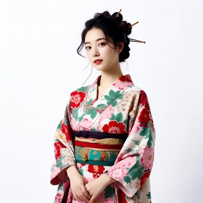 Asian woman in floral kimono