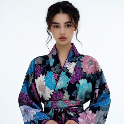 Asian woman in floral kimono