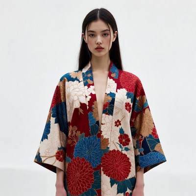 Asian woman in floral kimono jacket