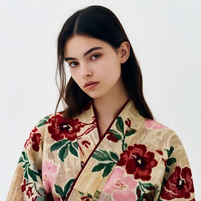 Woman in floral kimono jacket