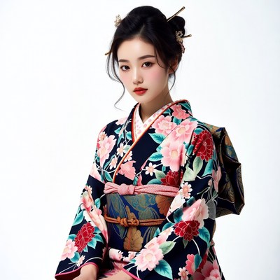 Asian woman in pink floral kimono