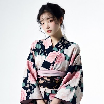 Asian woman in floral kimono