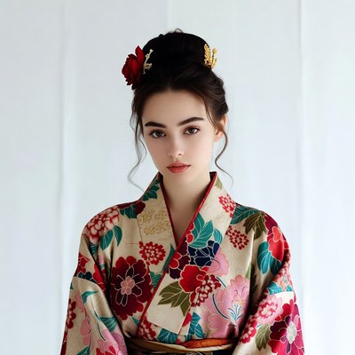 Young woman in floral kimono