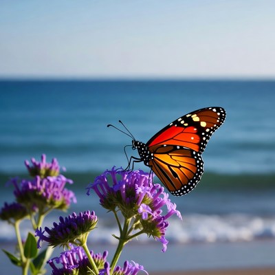 Monarch Butterfly on Purple Flowers Beach
