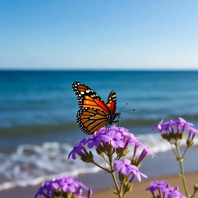 Monarch Butterfly on Purple Flowers Beach