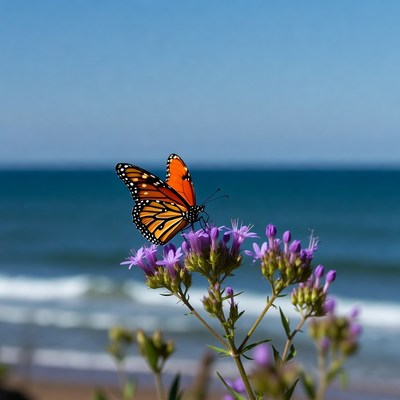 Monarch Butterfly on Purple Flowers Beach