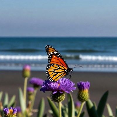 Monarch Butterfly on Purple Flower Beach