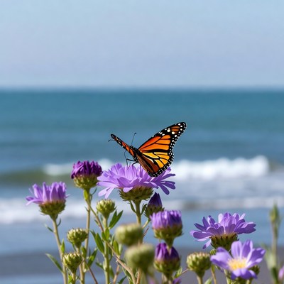 Monarch Butterfly on Purple Flowers Beach