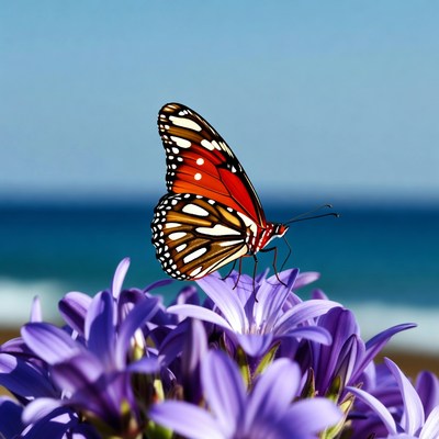 Monarch Butterfly on Purple Flowers Beach